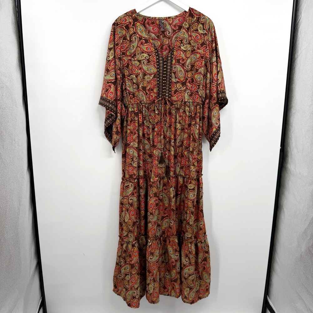 Me 2 Magic Anthropologie Maxi Dress Size XL Kimono Sleeve Tiered 70s Boho Hippie